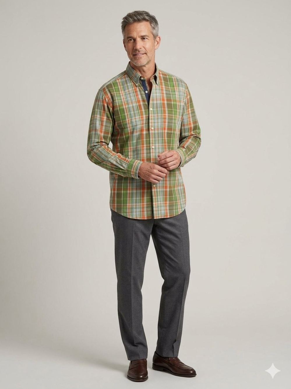 Saddlebred Green Plaid Button-Down Shirt with Orange and Cream Accents